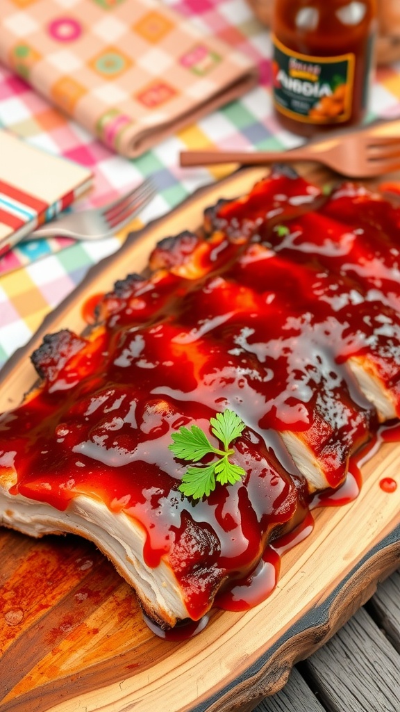 A mouthwatering serving of BBQ bone ribs on a wooden platter, garnished with parsley and barbecue sauce.